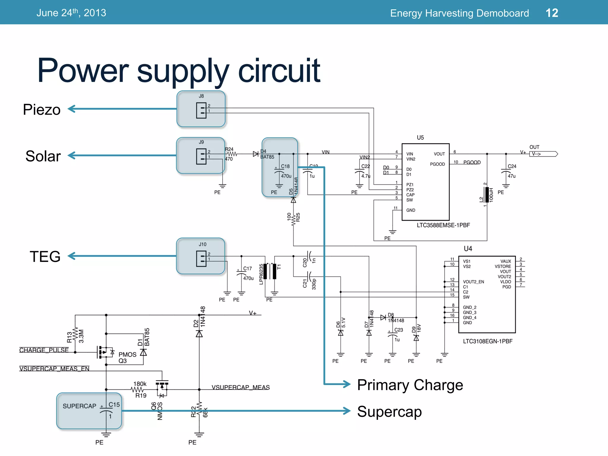 Power supply circuit
June 24th, 2013 Energy Harvesting Demoboard 12
Piezo
Solar
TEG
Supercap
Primary Charge
 