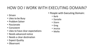 HOW DO I WORK WITH EXECUTING DOMAIN?
• People with Executing Domain:
• Barb
• Danielle
• Diann
• Greg
• Jessica
• Mollie
• Driven
• Likes to be Busy
• Problem Solver
• Passionate
• Consistent
• Likes to have clear expectations
• Needs advanced notice
• Needs a clear destination
• Expect Quality
• Observant
 