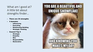 What am I good at?
A little bit about
strengths finder…
- There are 34 strengths
- 4 domains
- Influencing
- Executing
- Relationship Building
- Strategic Thinking
- Council Top 5
- Strategic
- Empathy
- Woo
- Responsibility
- Restorative
 