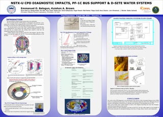NSTX-U CPD DIAGNOSTIC IMPACTS, PF-1C BUS SUPPORT & D-SITE WATER SYSTEMS
Emmanuel O. Balogun, Kuishon A. Brown
Much Effort by: Neway Atnafu, Ron Bell, Andy Carpe, Robert Ellis, Steve Raftopoulos, Roger Raman, Matt Reinke, Filippo Scotti, Brent Stratton, John Winkelman, J. Mitchell, Stefan Gerhardt
Princeton Plasma Physics Laboratory, Princeton, NJ USA
INTRODUCTION
This presentation comprises three projects that were undertaken.
The Cryo-pump divertor (CPD) project is motivated by the need for a cryo-
pump and a re-design of the existing divertor in the NSTX-U. Port by port analysis
was done to see how the new CPD will affect respective diagnostics.
The second project is the D-Site Water Cooling System. Around Mid-July,
some contaminations were found in the water used for cooling the NSTX-U field
coils and thus we tracked down the cooling water system to find how the
contaminant might have been transported.
Finally, analysis work was done on the PF-1C Bus Support. The PF-1C Bus
Support is to provide support for the PF-1 Coils and preventing deflection of the
bus bars.
Final Presentation August 10th, 2016 • Princeton, NJ
SUMMARY TABLE OF FINDINGS
Analysis of Bays A & B viewing cones
CONCLUSION
Our work on the CPD diagnostics was instrumental in the success of the Conceptual Design review (CDR)
for the cryo-pumped divertor project. We were able to determine diagnostics that will be affected by the new
structure, and negotiate with physicists to redesign some structures to accommodate the new CPD.
Work on the D-Site water systems helped us create a flow diagram describing the water flow through a
central de-ionized make-up water system.
Structural analysis by hand calculations was done on the PF-1C bus flex cable support to test strengths in
both its parts and joints for anticipated loadings in the form of Torque, Shear, Tension, and Compression.
BAY DESCRIPTION FINDINGS
A PCHERS(Ron Bell), No interference with divertor detected so far.
Seems good.
B FIDA BKGRD(Deyoung Liu) No interference with divertor detected so far.
Seems good.
C U. Wash Bolometer; Dust Collector (Charles
Skinner/Raman)
Viewing cone of 70 degrees. Has extra-ion
outer shield, inner adapter, and lens is
straight up
D (Cryopump feedthroughs)
Future LD CP Feedthroughs
Not necessary; No interference
E EIES, VIPS (LLNL); Fast 1DCCD camera
(LLNL)
(Filippo Scotti)
Physicist will duplicate the specifications
from Bay H for this bay.
Interference is observed with the divertor and
the shield walls that are yet to be included in the
NSTX-U.
F QMB (Charles Skinner)
Elect. feedthroughs
Pending..
G UT-K Spectrometer, IR camera (Reinke) No interference with divertor detected so far.
Seems good.
H Visible fast camera(Filippo Scotti) Interference is observed with the divertor and
the shield walls that are yet to be included in the
NSTX-U.
I Elect. feedthroughs Not necessary.
J RF Probe (Bob Kaita)
Elect. feedthroughs
Okay. No interference detected.
K MAPP Probe, Elect. feedthroughs (Bob
Kaita)
Okay. No interference detected.
Bays A & B will continue to support the poloidal PCHERS
D-SITE WATER COOLING SYSTEMS FLOW CHART
Support is mounted to body of NSTX-U Machine
This work was made possible by funding from the Department of Energy for the Engineering Apprenticeship program.
PF1-C FLEX CABLES BUS SUPPORT
Above are pictures and drawings of the PF-1C Flex Cable Bus Supports. Hand calculations and
structural analysis was done to ensure it could withstand the forces caused by the turbulence of the
cables due to the presence of strong magnetic fields in NSTX-U. This structure is made almost
entirely out of stainless steel due to its insignificant magnetic permeability.
Tasked to identify the D-Site Water Systems Relationship with the
Facilities waters. Due to the fact that many drawings were either missing
or not up to date, extensive field work had to be undertaken.
Bays J and K Support Probe
• The present Bay I Upper
and Lower ports will support a
divertor resistive bolometer for
the FY17 & 18 runs.
• Elevated baffle top will
completely block the lower view.
• Need to assess the best path
forward after completing the CP
CDR.
– May involve a new
instrument at Bay I lower, tangential viewing bolometry,
viewing from the mid-plane.
Bay I Divertor Bolometer Is Severely Impacted by CP Design
Bays H & E Support Divertor Spectroscopy
• Evaluating the need to redesign the Bay H reentrant view and
shutter, given the raised divertor floor.
– Quite possible that the Bay E 1D CCD will need a similar
treatment.
• Must ensure lack of interference with divertor support structure.
Conceptual CAD model for diagnostic views
Above ore Images and picture of parts of the bus support
To the left is an image of hand
sketch-up of Bay G diagnostic
port views.
No pressing issues with views
were detected during sketch-up
Bay G
Above is an image of bay H port
showing diagnostic interference
 
