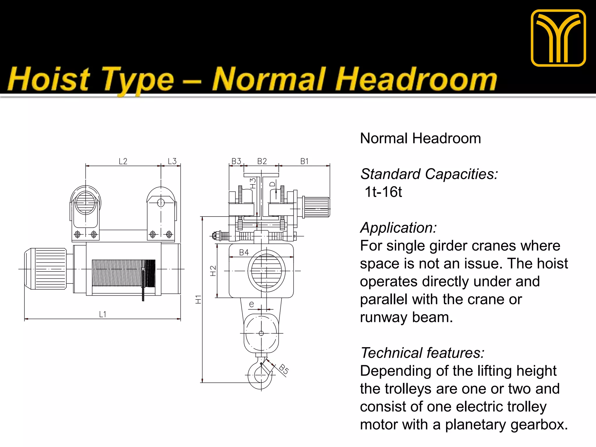Normal Headroom
Standard Capacities:
1t-16t
Application:
For single girder cranes where
space is not an issue. The hoist
operates directly under and
parallel with the crane or
runway beam.
Technical features:
Depending of the lifting height
the trolleys are one or two and
consist of one electric trolley
motor with a planetary gearbox.
 