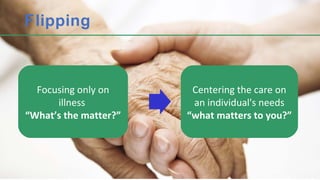 Flipping
Centering the care on
an individual's needs
“what matters to you?”
Focusing only on
illness
“What’s the matter?”
 