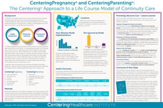 Background
Centering®
is an evidence-based group model of healthcare that is changing
the way we give and receive care. Through CenteringPregnancy®
and
CenteringParenting®
, health assessment, interactive learning, and community
building all happen in the group space. Centering is getting patients out of the
exam room and into conversation with one another.
In CenteringPregnancy group prenatal care, 8-12 women of similar gestational
age receive all their care in group. In CenteringParenting well-mom, well-baby
care, a cohort of 6 to 7 mothers and infants come together for care during
the first two years of life. When implemented in succession, these models
exemplify the life course principles of continuity and interconception care and
offer unique opportunities for linking patients and families with other health
and support services. These models effectively move health and healthcare
beyond the clinical, creating a truly family-centered approach. Moreover,
these models aid in the development of interdisciplinary healthcare teams,
minimizing silos and structural barriers to care.
Centering is patient-centered care that increases both patient and provider
satisfaction. There are over 400 Centering practice sites across the United States
and a national office, Centering Healthcare Institute (CHI), in Boston, MA.
Methods
Reports generated from CHI’s Salesforce database were used to determine the
number of practices by model and approval status, the geographic distribution
of dual model practices, and when practices’ implemented each model. Health
outcomes data and qualitative data were pulled from practices’ Continued
Approval Reports, which are annual reports CHI requires to maintain Site
Approval status.
Health
Assessment
Community
Building
Interactive
Learning
Promoting Lifecourse Care – Lessons Learned
One of the dual model Approved practices, Practice 2, provided
additional insight into system-level decisions that helped ensure both
models could thrive.
Integrate & Engage the Steering Committee
“The Steering Committee makes decisions related to the Centering
groups, including when to open or close groups as well as staffing needs
at particular sites. The Steering Committee helps with patient recruitment,
curriculum decisions, and staff improvement and also problem solving
to ensure the success of Centering at each location. The Steering
Committee also reports to the MCH leadership committee...”
Designate a Centering Coordinator
“… [she] handles all of the administrative and logistical responsibilities related
to Centering, including group scheduling, In-House trainings, and chairing our
steering committee. Having a coordinator to handle these responsibilities has
enabled us to significantly increase the number of CenteringPregnancy and
CenteringParenting groups offered at our three sites.”
Adopt an Opt-Out Model
“…we have changed our mindset and now create a CenteringParenting
group for every CenteringPregnancy group that delivers... This creates
more of an “opt-out” approach to our CenteringParenting groups and
makes scheduling easier since we can plan in advance. This led to us
starting the largest number of CenteringParenting groups yet in 2014...”
Cross-Train Providers
“Cross-training a number of our family practice providers and co-
facilitators has enabled us to provide continuity of care to our Centering
patients, which has been rewarding for both our staff and patients.”
Conclusion & Next Steps
The Centering continuity model of care is a promising approach for
adopting a lifecourse framework for prenatal, postpartum, interconception,
and pediatric care. Furthermore, it is an excellent venue for mitigating toxic
stress, strengthening parent-child attachment, and encouraging positive
parenting. Dual model practices report improved maternal child health
outcomes and high patient and provider satisfaction.
A key component of CHI’s strategic plan in the coming
years is to increase the number of dual model practice
sites. The first phase of this endeavor includes updated
CenteringParenting patient and provider materials
better aligned with American Academy of Pediatric
guidelines. Secondly, CHI will engage Centering
stakeholders and providers to inform the additional
service offerings and policies needed to support
dual model expansion. As the number of dual model practices
increase, further research is needed to affirm the positive trends seen in
existing locations. CHI will work to identify grant opportunities for research
and advise researchers throughout the expansion efforts.
Locations
There are currently 32 practices offering both
CenteringPregnancy and CenteringParenting in
16 states. The largest concentration of dual model
practices is Ohio (n=6).
CenteringPregnancy®
and CenteringParenting®
:
The Centering®
Approach to a Life Course Model of Continuity Care
Molly Ryan, MPH, Alia Rawji, Shannon Sweeny
CenteringPregnancy:
•	 Labor and Delivery
•	 Family Planning
•	 Nutrition
•	 Exercise
•	 Stress Management
•	 Breastfeeding
•	 Infant Care
CenteringParenting:
•	 Attachment
•	 Language and Early Literacy
•	 Developmental Milestones
•	 Feeding
•	 Sleep
•	 Positive Discipline
•	 Toxic Stress
Health Outcomes
Five practices representing three health systems have achieved Site Approval for both
CenteringPregnancy and CenteringParenting. Data from four of these practices (two health
systems) are presented below.
CenteringPregnancy Health Outcomes
CenteringParenting Health Outcomes
% Low Birth Weight % Preterm Births
% Breastfeeding at
Discharge
% Patient Satisfaction
% Staff
Satisfaction
Practice 1
(N=101)
3.0% 6.0% 95.0% 95.0% 89.0%
Practice 2
(N=184)
4.8% 2.8% 79.0% 80.3% 87.3%
%
Breastfeeding at
6 months
%
Breastfeeding at
6 weeks
% Infants
Receiving
Appropriate
Immunizations
% Infants
Receiving
Developmental
Screenings
% of Mothers
Receiving
Postpartum
Depression
Screen
% of Mothers
Receiving
Domestic
Violence Screen
% Patient
Satisfaction
Practice 1
(N=47 dyads)
74.5% 85.1% 90.7% 100.0% 100.0% 100.0% 95.0%
Practice 2
(N=68 dyads)
41.0% 100.0% 96.0% 99.0% 100.0% 98.0%
Years Between Model
Implementations
All practices offering both models
started CenteringPregnancy first. The
median number of years between model
implementations is 1 year, with 83% of
practices implementing CenteringParenting
within 3 years.
Site Approval by Model
Site Approval is a model fidelity and
sustainability milestone that most practices
achieve two years into implementation. It is
official recognition that a Centering site has
met the standards that are specific to the
model and its Essential Elements.
All CenteringParenting Approved sites are
CenteringPregnancy Approved also. Overall,
CenteringPregnancy Approval is significantly
higher than CenteringParenting Approval.
0 1 2 3 4 5 6 7 8
7
8
4
5
2 2
1
NumberofSites
Years Between CenteringPregnancy & CenteringParenting
CenteringPregnancy
Only
23
CenteringParenting
Only
0
Dual Model
Approved
5
 