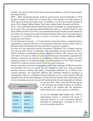 33 | P a g e
currently, some specific cities in other states are also being targeted e.g. Chennai, Jaipur, Nagpur,
Hyderabad and Pune.
MSW – MSW management business started its growth journey beyond Jamshedpur in FY09
through an analysis of attractiveness of various states. It has planned to leverage presence of
Water service in eastern and southern states. Accordingly, it is selectively focusing on projects in
states of West Bengal, Madhya Pradesh, Tamil Nadu, Andhra Pradesh, Karnataka and Kerala.
Power - Power Distribution business had been focusing on Jamshedpur as a managing agency of
the Licensee (TSL) and adjoining Saraikela-Kharsawan district as a parallel Licensee to state
utility (JSEB) till FY09. From FY10, it has identified Input-Based Franchisee (model adopted by
state utilities for inviting private sector participation through tender route) as the target segment
for growth. It is selectively focusing on projects in the states of Bihar, Jharkhand, Madhya
Pradesh and Uttar Pradesh.
Civil & Structural Construction – Civil and structural construction business is targeting business
opportunities in road and industrial civil and structural construction sectors in eastern states of
Jharkhand, Bihar, West Bengal and Orissa and within Tata group of companies.
By virtue of its lease agreement with the Government of Jharkhand, TSL is obliged to provide
civic and municipal services in Jamshedpur. This responsibility has been entrusted by TSL to
JUSCO. Therefore, in Jamshedpur the primary customer of JUSCO is TSL. However, by virtue
of the nature of its services which serves citizens, JUSCO treats end consumers (segmented into
industrial, commercial and domestic) as its customers. Within domestic segment, Tata Steel
employees constitute a very important segment. In areas beyond lease of TSL, JUSCO interfaces
with BAVS to extend its services to those who do not reside in lease area.
Owing to operations in such diverse geographies JUSCO faces challenge of different constraints
and restrictions for every new project. For e.g. variations in labour laws, other government
regulatory practices, situations like strikes, environmental limitations etc in different states
constrain operations. The organisation addresses these challenges through its mechanism of
standardization. There is a coordination meeting conducted every two weeks chaired by MD and
attended only by all the General Managers of various divisions through video conferencing. Here
all such constraining issues are discussed and brainstormed by the top management and solutions
are carved for them. There is time and efficiency lag due
to this procedure and remedial solutions are sometimes
not provided at the required hour but organization
strictly follows this to ensure control over all matters.
As per the Lawrence and Lorsch study JUSCO‟s
organizational structure is consistent with respect to
uncertainty faced by it. It has a mechanistic structure
dominated by standardization consequent to the low
levels of uncertainty faced by it.
 