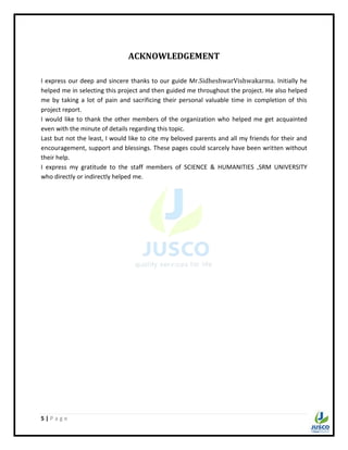 5 | P a g e
ACKNOWLEDGEMENT
I express our deep and sincere thanks to our guide Mr.SidheshwarVishwakarma. Initially he
helped me in selecting this project and then guided me throughout the project. He also helped
me by taking a lot of pain and sacrificing their personal valuable time in completion of this
project report.
I would like to thank the other members of the organization who helped me get acquainted
even with the minute of details regarding this topic.
Last but not the least, I would like to cite my beloved parents and all my friends for their and
encouragement, support and blessings. These pages could scarcely have been written without
their help.
I express my gratitude to the staff members of SCIENCE & HUMANITIES ,SRM UNIVERSITY
who directly or indirectly helped me.
 