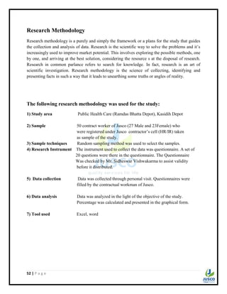 52 | P a g e
Research Methodology
Research methodology is a purely and simply the framework or a plans for the study that guides
the collection and analysis of data. Research is the scientific way to solve the problems and it‟s
increasingly used to improve market potential. This involves exploring the possible methods, one
by one, and arriving at the best solution, considering the resource s at the disposal of research.
Research in common parlance refers to search for knowledge. In fact, research is an art of
scientific investigation. Research methodology is the science of collecting, identifying and
presenting facts in such a way that it leads to unearthing some truths or angles of reality.
The following research methodology was used for the study:
1) Study area Public Health Care (Ramdas Bhatta Depot), Kasidih Depot
2) Sample 50 contract worker of Jusco (27 Male and 23Female) who
were registered under Jusco contractor‟s cell (HR/IR) taken
as sample of the study.
3) Sample techniques Random sampling method was used to select the samples.
4) Research Instrument The instrument used to collect the data was questionnaire. A set of
20 questions were there in the questionnaire. The Questionnaire
Was checked by Mr. Sidheswar Vishwakarma to assist validity
before it distributed.
5) Data collection Data was collected through personal visit. Questionnaires were
filled by the contractual workman of Jusco.
6) Data analysis Data was analyzed in the light of the objective of the study.
Percentage was calculated and presented in the graphical form.
7) Tool used Excel, word
 
