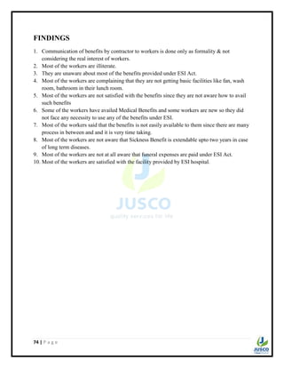 74 | P a g e
FINDINGS
1. Communication of benefits by contractor to workers is done only as formality & not
considering the real interest of workers.
2. Most of the workers are illiterate.
3. They are unaware about most of the benefits provided under ESI Act.
4. Most of the workers are complaining that they are not getting basic facilities like fan, wash
room, bathroom in their lunch room.
5. Most of the workers are not satisfied with the benefits since they are not aware how to avail
such benefits
6. Some of the workers have availed Medical Benefits and some workers are new so they did
not face any necessity to use any of the benefits under ESI.
7. Most of the workers said that the benefits is not easily available to them since there are many
process in between and and it is very time taking.
8. Most of the workers are not aware that Sickness Benefit is extendable upto two years in case
of long term diseases.
9. Most of the workers are not at all aware that funeral expenses are paid under ESI Act.
10. Most of the workers are satisfied with the facility provided by ESI hospital.
 