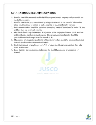 75 | P a g e
SUGGESTION $ RECOMMENDATION
1. Benefits should be communicated in local language or in other language understandable by
most of the workers.
2. Benefits should also be communicated by using calendar and all the essential information
about benefits should be written in such a way that is understandable by workers.
3. Every month workers should be given free counselling about different benefits under ESI Act
and how they can avail such benefits.
4. Free medical check up camp should be organized by the employer such that all the workers
and their family members comes there and if there is any problem benefits should be
provided immediately as per benefits under ESI Act.
5. The process in between the availability of benefits to workers should be minimised such that
benefits should be easily available to workers.
6. Contribution made by employees i.e. 1.75% of wages should decrease such that there take
home will increase.
7. Basic facilities like wash rooms, bathrooms, fan should be provided in lunch room of
workers.
 