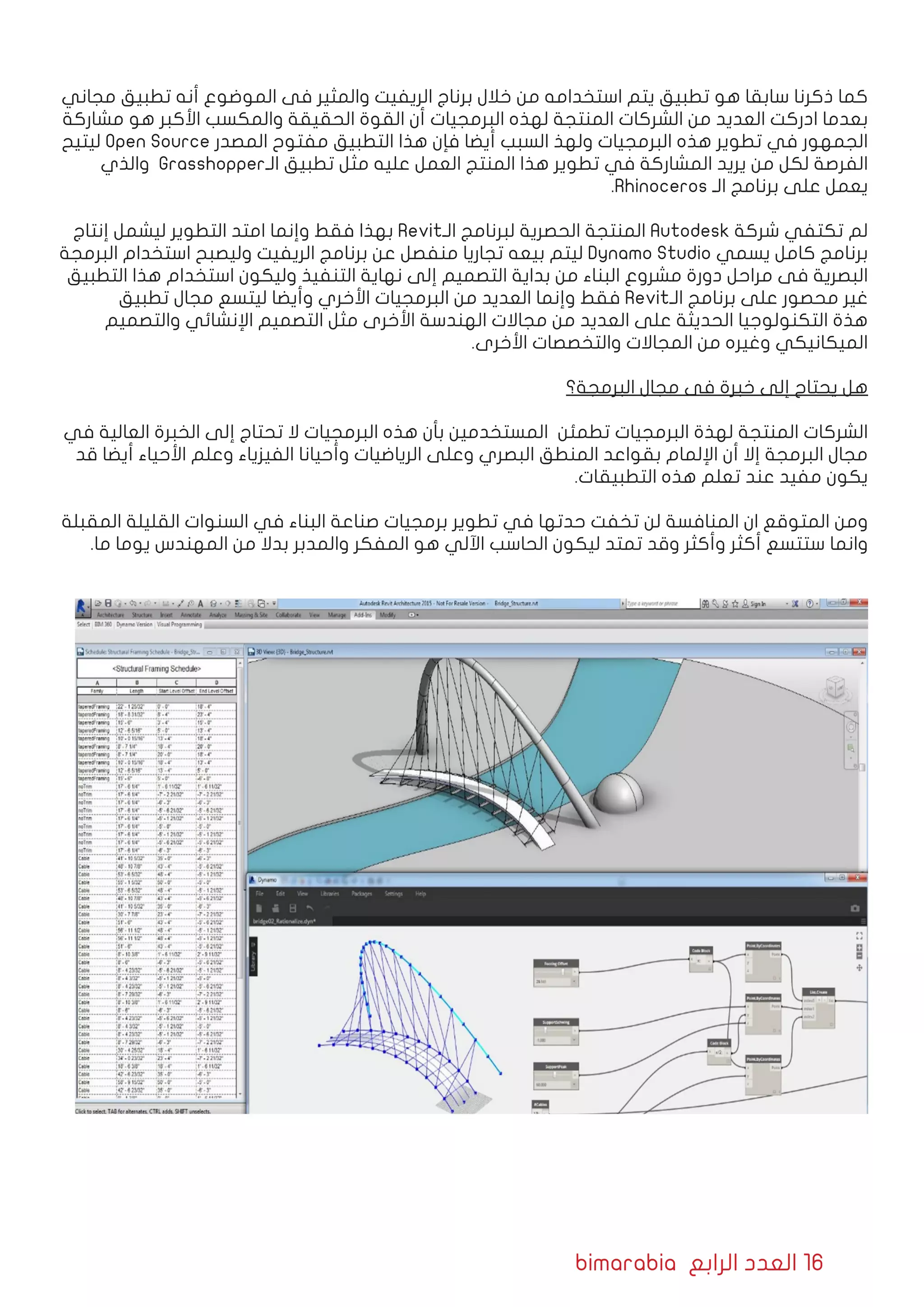 bimarabia ‫الرابع‬ ‫العدد‬ 16
‫مجاني‬ ‫تطبيق‬ ‫أنه‬ ‫الموضوع‬ ‫فى‬ ‫والمثير‬ ‫الريفيت‬ ‫برناج‬ ‫خالل‬ ‫من‬ ‫استخدامه‬ ‫يتم‬ ‫تطبيق‬ ‫هو‬ ‫سابقا‬ ‫ذكرنا‬ ‫كما‬
‫مشاركة‬ ‫هو‬ ‫األكبر‬ ‫والمكسب‬ ‫الحقيقة‬ ‫القوة‬ ‫أن‬ ‫البرمجيات‬ ‫لهذه‬ ‫المنتجة‬ ‫الشركات‬ ‫من‬ ‫العديد‬ ‫ادركت‬ ‫بعدما‬
‫ليتيح‬ Open Source ‫المصدر‬ ‫مفتوح‬ ‫التطبيق‬ ‫هذا‬ ‫فإن‬ ‫أيضا‬ ‫السبب‬ ‫ولهذ‬ ‫البرمجيات‬ ‫هذه‬ ‫تطوير‬ ‫في‬ ‫الجمهور‬
‫والذي‬ Grasshopper‫الـ‬ ‫تطبيق‬ ‫مثل‬ ‫عليه‬ ‫العمل‬ ‫المنتج‬ ‫هذا‬ ‫تطوير‬ ‫في‬ ‫المشاركة‬ ‫يريد‬ ‫من‬ ‫لكل‬ ‫الفرصة‬
.Rhinoceros ‫الـ‬ ‫برنامج‬ ‫على‬ ‫يعمل‬
‫إنتاج‬ ‫ليشمل‬ ‫التطوير‬ ‫امتد‬ ‫وإنما‬ ‫فقط‬ ‫بهذا‬ Revit‫الـ‬ ‫لبرنامج‬ ‫الحصرية‬ ‫المنتجة‬ Autodesk ‫شركة‬ ‫تكتفي‬ ‫لم‬
‫البرمجة‬ ‫استخدام‬ ‫وليصبح‬ ‫الريفيت‬ ‫برنامج‬ ‫عن‬ ‫منفصل‬ ‫تجاريا‬ ‫بيعه‬ ‫ليتم‬ Dynamo Studio ‫يسمي‬ ‫كامل‬ ‫برنامج‬
‫التطبيق‬ ‫هذا‬ ‫استخدام‬ ‫وليكون‬ ‫التنفيذ‬ ‫نهاية‬ ‫إلى‬ ‫التصميم‬ ‫بداية‬ ‫من‬ ‫البناء‬ ‫مشروع‬ ‫دورة‬ ‫مراحل‬ ‫فى‬ ‫البصرية‬
‫تطبيق‬ ‫مجال‬ ‫ليتسع‬ ‫وأيضا‬ ‫األخري‬ ‫البرمجيات‬ ‫من‬ ‫العديد‬ ‫وإنما‬ ‫فقط‬ Revit‫الـ‬ ‫برنامج‬ ‫على‬ ‫محصور‬ ‫غير‬
‫والتصميم‬ ‫اإلنشائي‬ ‫التصميم‬ ‫مثل‬ ‫األخرى‬ ‫الهندسة‬ ‫مجاالت‬ ‫من‬ ‫العديد‬ ‫على‬ ‫الحديثة‬ ‫التكنولوجيا‬ ‫هذة‬
.‫األخرى‬ ‫والتخصصات‬ ‫المجاالت‬ ‫من‬ ‫وغيره‬ ‫الميكانيكي‬
‫البرمجة؟‬ ‫مجال‬ ‫فى‬ ‫خبرة‬ ‫إلى‬ ‫يحتاج‬ ‫هل‬
‫في‬ ‫العالية‬ ‫الخبرة‬ ‫إلى‬ ‫تحتاج‬ ‫ال‬ ‫البرمجيات‬ ‫هذه‬ ‫بأن‬ ‫المستخدمين‬ ‫تطمئن‬ ‫البرمجيات‬ ‫لهذة‬ ‫المنتجة‬ ‫الشركات‬
‫قد‬ ‫أيضا‬ ‫األحياء‬ ‫وعلم‬ ‫الفيزياء‬ ‫وأحيانا‬ ‫الرياضيات‬ ‫وعلى‬ ‫البصري‬ ‫المنطق‬ ‫بقواعد‬ ‫اإللمام‬ ‫أن‬ ‫إال‬ ‫البرمجة‬ ‫مجال‬
.‫التطبيقات‬ ‫هذه‬ ‫تعلم‬ ‫عند‬ ‫مفيد‬ ‫يكون‬
‫المقبلة‬ ‫القليلة‬ ‫السنوات‬ ‫في‬ ‫البناء‬ ‫صناعة‬ ‫برمجيات‬ ‫تطوير‬ ‫في‬ ‫حدتها‬ ‫تخفت‬ ‫لن‬ ‫المنافسة‬ ‫ان‬ ‫المتوقع‬ ‫ومن‬
.‫ما‬ ‫يوما‬ ‫المهندس‬ ‫من‬ ‫بدال‬ ‫والمدبر‬ ‫المفكر‬ ‫هو‬ ‫اآللي‬ ‫الحاسب‬ ‫ليكون‬ ‫تمتد‬ ‫وقد‬ ‫وأكثر‬ ‫أكثر‬ ‫ستتسع‬ ‫وانما‬
 