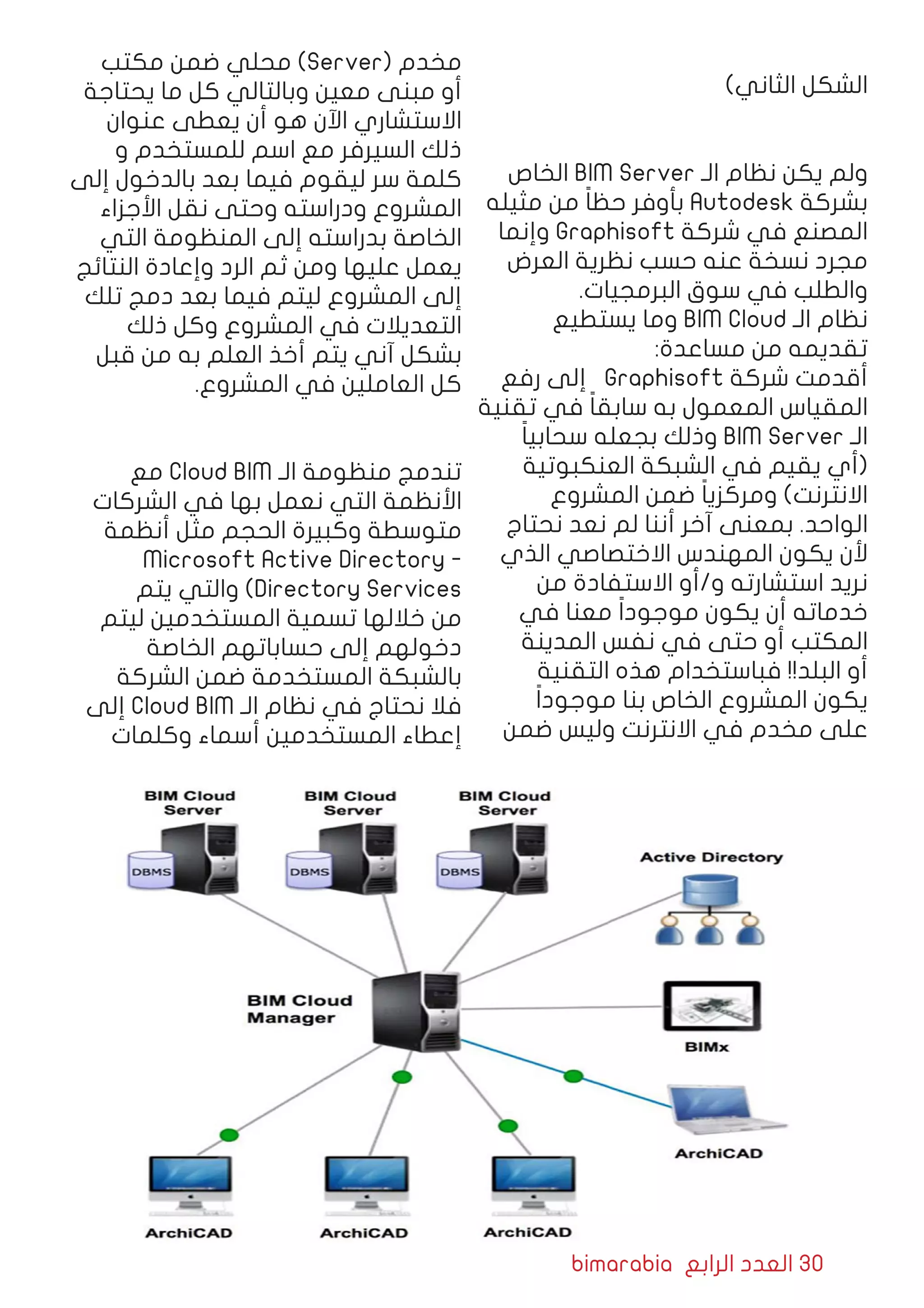 bimarabia ‫الرابع‬ ‫العدد‬ 30
)‫الثاني‬ ‫الشكل‬
‫الخاص‬ BIM Server ‫الـ‬ ‫نظام‬ ‫يكن‬ ‫ولم‬
‫مثيله‬ ‫من‬ ً‫ا‬‫حظ‬ ‫بأوفر‬ Autodesk ‫بشركة‬
‫وإنما‬ Graphisoft ‫شركة‬ ‫في‬ ‫المصنع‬
‫العرض‬ ‫نظرية‬ ‫حسب‬ ‫عنه‬ ‫نسخة‬ ‫مجرد‬
.‫البرمجيات‬ ‫سوق‬ ‫في‬ ‫والطلب‬
‫يستطيع‬ ‫وما‬ BIM Cloud ‫الـ‬ ‫نظام‬
:‫مساعدة‬ ‫من‬ ‫تقديمه‬
‫رفع‬ ‫إلى‬ Graphisoft ‫شركة‬ ‫أقدمت‬
‫تقنية‬ ‫في‬ ً‫ا‬‫سابق‬ ‫به‬ ‫المعمول‬ ‫المقياس‬
ً‫ا‬‫سحابي‬ ‫بجعله‬ ‫وذلك‬ BIM Server ‫الـ‬
‫العنكبوتية‬ ‫الشبكة‬ ‫في‬ ‫يقيم‬ ‫(أي‬
‫المشروع‬ ‫ضمن‬ ً‫ا‬‫ومركزي‬ )‫االنترنت‬
‫نحتاج‬ ‫نعد‬ ‫لم‬ ‫أننا‬ ‫آخر‬ ‫بمعنى‬ .‫الواحد‬
‫الذي‬ ‫االختصاصي‬ ‫المهندس‬ ‫يكون‬ ‫ألن‬
‫من‬ ‫االستفادة‬ ‫و/أو‬ ‫استشارته‬ ‫نريد‬
‫في‬ ‫معنا‬ ً‫ا‬‫موجود‬ ‫يكون‬ ‫أن‬ ‫خدماته‬
‫المدينة‬ ‫نفس‬ ‫في‬ ‫حتى‬ ‫أو‬ ‫المكتب‬
‫التقنية‬ ‫هذه‬ ‫فباستخدام‬ !!‫البلد‬ ‫أو‬
ً‫ا‬‫موجود‬ ‫بنا‬ ‫الخاص‬ ‫المشروع‬ ‫يكون‬
‫ضمن‬ ‫وليس‬ ‫االنترنت‬ ‫في‬ ‫مخدم‬ ‫على‬
‫مكتب‬ ‫ضمن‬ ‫محلي‬ )Server( ‫مخدم‬
‫يحتاجة‬ ‫ما‬ ‫كل‬ ‫وبالتالي‬ ‫معين‬ ‫مبنى‬ ‫أو‬
‫عنوان‬ ‫يعطى‬ ‫أن‬ ‫هو‬ ‫اآلن‬ ‫االستشاري‬
‫و‬ ‫للمستخدم‬ ‫اسم‬ ‫مع‬ ‫السيرفر‬ ‫ذلك‬
‫إلى‬ ‫بالدخول‬ ‫بعد‬ ‫فيما‬ ‫ليقوم‬ ‫سر‬ ‫كلمة‬
‫األجزاء‬ ‫نقل‬ ‫وحتى‬ ‫ودراسته‬ ‫المشروع‬
‫التي‬ ‫المنظومة‬ ‫إلى‬ ‫بدراسته‬ ‫الخاصة‬
‫النتائج‬ ‫وإعادة‬ ‫الرد‬ ‫ثم‬ ‫ومن‬ ‫عليها‬ ‫يعمل‬
‫تلك‬ ‫دمج‬ ‫بعد‬ ‫فيما‬ ‫ليتم‬ ‫المشروع‬ ‫إلى‬
‫ذلك‬ ‫وكل‬ ‫المشروع‬ ‫في‬ ‫التعديالت‬
‫قبل‬ ‫من‬ ‫به‬ ‫العلم‬ ‫أخذ‬ ‫يتم‬ ‫آني‬ ‫بشكل‬
.‫المشروع‬ ‫في‬ ‫العاملين‬ ‫كل‬
‫مع‬ Cloud BIM ‫الـ‬ ‫منظومة‬ ‫تندمج‬
‫الشركات‬ ‫في‬ ‫بها‬ ‫نعمل‬ ‫التي‬ ‫األنظمة‬
‫أنظمة‬ ‫مثل‬ ‫الحجم‬ ‫وكبيرة‬ ‫متوسطة‬
Microsoft Active Directory -
‫يتم‬ ‫والتي‬ )Directory Services
‫ليتم‬ ‫المستخدمين‬ ‫تسمية‬ ‫خاللها‬ ‫من‬
‫الخاصة‬ ‫حساباتهم‬ ‫إلى‬ ‫دخولهم‬
‫الشركة‬ ‫ضمن‬ ‫المستخدمة‬ ‫بالشبكة‬
‫إلى‬ Cloud BIM ‫الـ‬ ‫نظام‬ ‫في‬ ‫نحتاج‬ ‫فال‬
‫وكلمات‬ ‫أسماء‬ ‫المستخدمين‬ ‫إعطاء‬
 