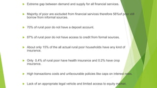  Extreme gap between demand and supply for all financial services.
 Majority of poor are excluded from financial services therefore 56%of poor still
borrow from informal sources.
 70% of rural poor do not have a deposit account.
 87% of rural poor do not have access to credit from formal sources.
 About only 15% of the all actual rural poor households have any kind of
insurance.
 Only 0.4% of rural poor have health insurance and 0.2% have crop
insurance.
 High transactions costs and unfavourable policies like caps on interest rates.
 Lack of an appropriate legal vehicle and limited access to equity market.
 
