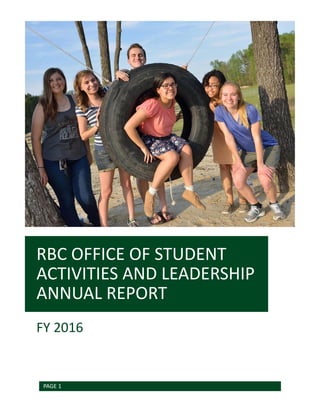 PROGRAM SUMMARY
PAGE 1
RBC OFFICE OF STUDENT
ACTIVITIES AND LEADERSHIP
ANNUAL REPORT
FY 2016
[You can add an abstract or other key statement here. An abstract
is typically a short summary of the document content.]
 