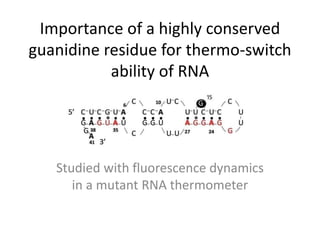 Importance of a highly conserved
guanidine residue for thermo-switch
ability of RNA
Studied with fluorescence dynamics
in a mutant RNA thermometer
 