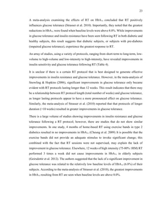 23
A meta-analysis examining the effects of RT on HbA1c concluded that RT positively
influences glucose tolerance (Strasser et al. 2010). Importantly, they noted that the greatest
reductions in HbA1c were found when baseline levels were above 8.0%. While improvements
in glucose tolerance and insulin resistance have been seen following RT in both diabetic and
healthy subjects, this result suggests that diabetic subjects, or subjects with pre-diabetes
(impaired glucose tolerance), experience the greatest response to RT.
An array of studies, using a variety of protocols, ranging from short-term to long-term, low-
volume to high-volume and low-intensity to high-intensity, have revealed improvements in
insulin sensitivity and glucose tolerance following RT (Table 4).
It is unclear if there is a certain RT protocol that is best designed to generate effective
improvements in insulin resistance and glucose tolerance. However, in the meta-analysis of
Snowling & Hopkins (2006), significant improvements in glucose tolerance only became
evident with RT protocols lasting longer than 12 weeks. This result indicates that there may
be a relationship between RT protocol length (total number of weeks) and glucose tolerance,
as longer lasting protocols appear to have a more pronounced effect on glucose tolerance.
Similarly, the meta-analysis of Strasser et al. (2010) reported that that protocols of longer
duration (>10 weeks) resulted in greater improvements in glucose tolerance.
There is a large volume of studies showing improvements in insulin resistance and glucose
tolerance following a RT protocol; however, there are studies that do not show similar
improvements. In one study, 4 months of home-based RT using exercise bands in type 2
diabetics resulted in no improvements in HbA1c (Cheung et al. 2009). It is possible that the
exercise bands did not provide an adequate stimulus to invoke significant change; this
combined with the fact that RT sessions were not supervised, may explain the lack of
improvement in glucose tolerance. Elsewhere, 12 weeks of high intensity (75-80% 1RM) RT
performed 3 times a week did not cause improvements in HbA1c in elderly subjects
(Geirsdottir et al. 2012). The authors suggested that the lack of a significant improvement in
glucose tolerance was related to the relatively low baseline levels of HbA1c (6.8%) of their
subjects. According to the meta-analysis of Strasser et al. (2010), the greatest improvements
in HbA1c resulting from RT are seen when baseline levels are above 8.0%.
 