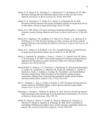 71
Hunter, G. R., Bryan, D. R., Wetzstein, C. J., Zuckerman, P. A. & Bamman, M. M. 2002.
Resistance training and intra-abdominal adipose tissue in older men and women.
Medicine and Science in Sports and Exercise, 34 (6), 1023-1028.
Hunter, G. R., Wetzstein, C. J., Fields, D. A., Brown, A. & Bamman, M. M. 2000.
Resistance training increases total energy expenditure and free-living physical activity
in older adults. Journal of Applied Physiology, 89 (3), 977-984.
Hurley, B. F. 1989. Effects of resistive training on lipoprotein-lipid profiles: a comparison
to aerobic exercise training. Medicine and Science in Sports and Exercise, 21 (6), 689-
693.
Hurley, B. F., Hagberg, J. M., Goldberg, A. P., Seals, D. R., Ehsani, A. A., Brennan, R. E.
& Holloszy, J. O. 1988. Resistive training can reduce coronary risk factors without
altering VO2max or percent body fat. Medicine and Science in Sports and Exercise, 20
(2), 150-154.
Hurley, B. F., Hanson, E. D. & Sheaff, A. K. 2011. Strength training as a countermeasure
to aging muscle and chronic disease. Sports Medicine, 41 (4), 289-306.
Ibanez, J., Izquierdo, M., Arguelles, I., Forga, L., Larrion, J. L., Garcia-Unciti, M., Idoate,
F. & Gorostiaga, E. M. 2005. Twice-weekly progressive resistance training decreases
abdominal fat and improves insulin sensitivity in older men with type 2 diabetes.
Diabetes Care, 28 (3), 662-667.
Ilanne-Parikka, P., Eriksson, J. G., Lindstrom, J., Hamalainen, H., Keinanen-Kiukaanniemi,
S., Laakso, M., Louheranta, A., Mannelin, M., Rastas, M., Salminen, V., Aunola, S.,
Sundvall, J., Valle, T., Lahtela, J., Uusitupa, M., Tuomilehto, J. & Finnish Diabetes
Prevention Study Group. 2004. Prevalence of the metabolic syndrome and its
components: findings from a Finnish general population sample and the Diabetes
Prevention Study cohort. Diabetes Care, 27 (9), 2135-2140.
Ishii, T., Yamakita, T., Sato, T., Tanaka, S. & Fujii, S. 1998. Resistance training improves
insulin sensitivity in NIDDM subjects without altering maximal oxygen uptake.
Diabetes Care, 21 (8), 1353-1355.
Kaminsky, L., Ozemek, C., Williams, K. & Byun, W. 2014. Precision of total and regional
body fat estimates from dual-energy X-ray absorptiometer measurements. The Journal
of Nutrition, Health and Aging, 18(6), 591-594.
Kanda, H., Tateya, S., Tamori, Y., Kotani, K., Hiasa, K., Kitazawa, R., Kitazawa, S.,
Miyachi, H., Maeda, S., Egashira, K. & Kasuga, M. 2006. MCP-1 contributes to
macrophage infiltration into adipose tissue, insulin resistance, and hepatic steatosis in
obesity. The Journal of Clinical Investigation, 116 (6), 1494-1505.
 
