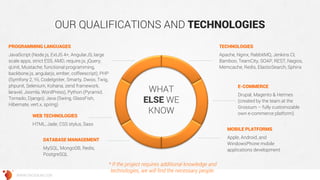 OUR QUALIFICATIONS AND TECHNOLOGIES 
WHAT 
ELSE WE 
KNOW 
Drupal, Magento & Hermes (created by the team at the Grossum – fully customizable own e-commerce platform) 
E-COMMERCE 
WWW.GROSSUM.COM 
HTML, Jade, CSS stylus, Sass 
WEB TECHNOLOGIES 
Apache, Nginx, RabbitMQ, Jenkins CI, Bamboo, TeamCity, SOAP, REST, Nagios, Memcache, Redis, ElasticSearch, Sphinx 
TECHNOLOGIES 
JavaScript (Node.js, ExtJS 4+, AngularJS, large scale apps, strict ES5, AMD, require.js, jQuery, qUnit, Mustache, functional programming, backbone.js, angularjs, ember, coffeescript); PHP (Symfony 2, Yii, CodeIgniter, Smarty, Dwoo, Twig, phpunit, Selenium, Kohana, zend framework, laravel, Joomla, WordPress), Python (Pyramid, Tornado, Django); Java (Swing, GlassFish, Hibernate, vert.x, spring) 
PROGRAMMING LANGUAGES 
Apple, Android, and WindowsPhone mobile applications development 
MOBILE PLATFORMS 
MySQL, MongoDB, Redis, PostgreSQL 
DATABASE MANAGEMENT 
* If the project requires additional knowledge and technologies, we will find the necessary people.  