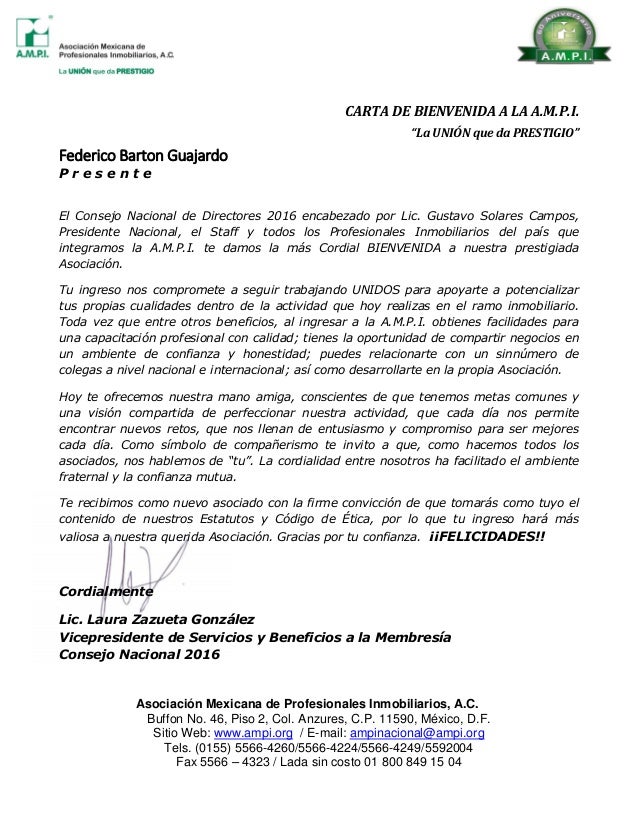 CARTA BIENVENIDA 2016 Federico Barton Guajardo
