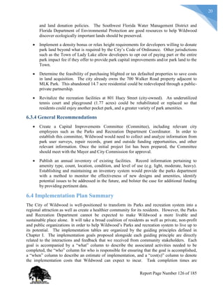 20
and land donation policies. The Southwest Florida Water Management District and
Florida Department of Environmental Protection are good resources to help Wildwood
discover ecologically important lands should be preserved.
 Implement a density bonus or relax height requirements for developers willing to donate
park land beyond what is required by the City’s Code of Ordinance. Other jurisdictions
such as the Town of Lady Lake allow developers to opt out of paying part or the entire
park impact fee if they offer to provide park capital improvements and/or park land to the
Town.
 Determine the feasibility of purchasing blighted or tax defaulted properties to save costs
in land acquisition. The city already owns the 700 Walker Road property adjacent to
MLK Park. This abandoned 14.7 acre residential could be redeveloped through a public-
private partnership.
 Revitalize the recreation facilities at 801 Huey Street (city-owned). An underutilized
tennis court and playground (1.77 acres) could be rehabilitated or replaced so that
residents could enjoy another pocket park, and a greater variety of park amenities.
6.3.4 General Recommendations
 Create a Capital Improvements Committee (Committee), including relevant city
employees such as the Parks and Recreation Department Coordinator. In order to
establish this committee, Wildwood would need to collect and analyze information from
park user surveys, repair records, grant and outside funding opportunities, and other
relevant information. Once the initial project list has been prepared, the Committee
should meet with the Mayor and City Commission for approval.
 Publish an annual inventory of existing facilities. Record information pertaining to
amenity type, count, location, condition, and level of use (e.g. light, moderate, heavy).
Establishing and maintaining an inventory system would provide the parks department
with a method to monitor the effectiveness of new designs and amenities, identify
potential issues to be addressed in the future, and bolster the case for additional funding
by providing pertinent data.
6.4 Implementation Plan Summary
The City of Wildwood is well-positioned to transform its Parks and recreation system into a
regional attraction as well as create a healthier community for its residents. However, the Parks
and Recreation Department cannot be expected to make Wildwood a more livable and
sustainable place alone. It will take a broad coalition of residents as well as private, non-profit
and public organizations in order to help Wildwood’s Parks and recreation system to live up to
its potential. The implementation tables are organized by the guiding principles defined in
Chapter I. The implementation goals proposed alongside each guiding principle are directly
related to the interactions and feedback that we received from community stakeholders. Each
goal is accompanied by a “what” column to describe the associated activities needed to be
completed, the “who” column for who is responsible for ensuring that the goal is accomplished,
a “when” column to describe an estimate of implementation, and a “cost(s)” column to denote
the implementation costs that Wildwood can expect to incur. Task completion times are
Report Page Number 126 of 185
 