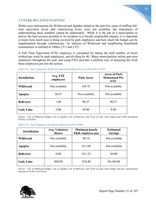 18
2.9 PARK RELATED STAFFING
While exact information for Wildwood and Apopka related to the past five years of staffing full-
time equivalent levels and volunteering hours were not available, the importance of
understanding these numbers cannot be understated. While it is the job of a municipality to
deliver the best services possible to its residents in a fiscally responsible manner, it is important
to know how much area is being covered by park employees and how much the budget can be
supplemented through volunteerism. An analysis of Wildwood and neighboring benchmark
communities is outlined in Tables 2.9.1 and 2.9.2.
A Full Time Equivalent (FTE) employee is calculated by taking the total number of hours
worked per week by park employees, and dividing by 40. Many municipalities utilize part-time
employees throughout the year, and using FTEs provides a uniform way of analyzing the work
these employees put into the system.
Table 2.9.1: Peer Comparison of Full-time Equivalent Staff per Park Acre from 2012 to 2016.
Jurisdiction
Avg. FTE
employees
Park Acres
Acres of Park
Maintained Per
FTE
Wildwood Not available 158.75 Not available
Apopka 26.67 Not available Not available
Belleview 1.00 90.27 90.27
Lady Lake 5.00 49.00 9.80
Source: City of Wildwood budget, City of Apopka, City of Belleview and Town of Lady Lake budget and CAFR documents
FY2012 to FY2016.
Table 2.9.2: Peer Comparison of Volunteer Hours from 2012 to 2016.
Jurisdiction
Avg. Volunteer
Hours
Minimum hourly
P&R employee pay
Estimated
Savings
Wildwood Not available $9.16 Not available
Apopka Not available $11.04 Not available
Belleview 0.00 $11.33 $0.00
Lady Lake 400.00 $10.40 $4,160.00
Source: City of Wildwood budget, City of Apopka, City of Belleview and Town of Lady Lake budget and pay classification
documents FY2012 to FY2016.
Report Page Number 31 of 185
 