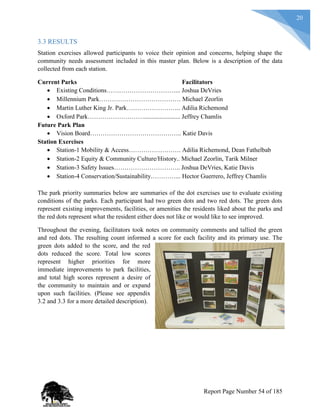 20
3.3 RESULTS
Station exercises allowed participants to voice their opinion and concerns, helping shape the
community needs assessment included in this master plan. Below is a description of the data
collected from each station.
Current Parks Facilitators
 Existing Conditions……………………………... Joshua DeVries
 Millennium Park………………………………… Michael Zeorlin
 Martin Luther King Jr. Park…………………….. Adilia Richemond
 Oxford Park………………………....................... Jeffrey Chamlis
Future Park Plan
 Vision Board…………………………………….. Katie Davis
Station Exercises
 Station-1 Mobility & Access……………………. Adilia Richemond, Dean Fathelbab
 Station-2 Equity & Community Culture/History.. Michael Zeorlin, Tarik Milner
 Station-3 Safety Issues………………………….. Joshua DeVries, Katie Davis
 Station-4 Conservation/Sustainability…………... Hector Guerrero, Jeffrey Chamlis
The park priority summaries below are summaries of the dot exercises use to evaluate existing
conditions of the parks. Each participant had two green dots and two red dots. The green dots
represent existing improvements, facilities, or amenities the residents liked about the parks and
the red dots represent what the resident either does not like or would like to see improved.
Throughout the evening, facilitators took notes on community comments and tallied the green
and red dots. The resulting count informed a score for each facility and its primary use. The
green dots added to the score, and the red
dots reduced the score. Total low scores
represent higher priorities for more
immediate improvements to park facilities,
and total high scores represent a desire of
the community to maintain and or expand
upon such facilities. (Please see appendix
3.2 and 3.3 for a more detailed description).
Report Page Number 54 of 185
 