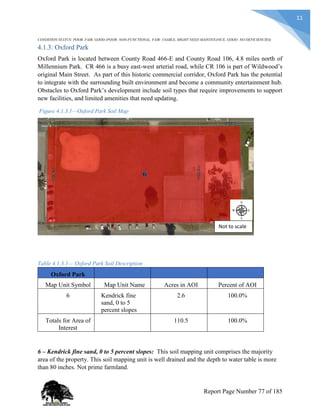 11
CONDITION STATUS: POOR, FAIR, GOOD (POOR: NON-FUNCTIONAL, FAIR: USABLE, MIGHT NEED MAINTENANCE, GOOD: NO DEFICIENCIES)
4.1.3: Oxford Park
Oxford Park is located between County Road 466-E and County Road 106, 4.8 miles north of
Millennium Park. CR 466 is a busy east-west arterial road, while CR 106 is part of Wildwood’s
original Main Street. As part of this historic commercial corridor, Oxford Park has the potential
to integrate with the surrounding built environment and become a community entertainment hub.
Obstacles to Oxford Park’s development include soil types that require improvements to support
new facilities, and limited amenities that need updating.
Figure 4.1.3.1—Oxford Park Soil Map
Table 4.1.3.1— Oxford Park Soil Description
Oxford Park
Map Unit Symbol Map Unit Name Acres in AOI Percent of AOI
6 Kendrick fine
sand, 0 to 5
percent slopes
2.6 100.0%
Totals for Area of
Interest
110.5 100.0%
6 – Kendrick fine sand, 0 to 5 percent slopes: This soil mapping unit comprises the majority
area of the property. This soil mapping unit is well drained and the depth to water table is more
than 80 inches. Not prime farmland.
Not to scale
Report Page Number 77 of 185
 