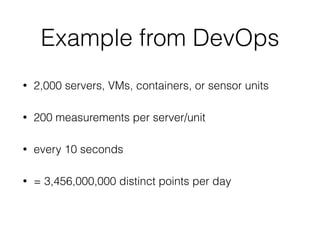 Example from DevOps
• 2,000 servers, VMs, containers, or sensor units
• 200 measurements per server/unit
• every 10 seconds
• = 3,456,000,000 distinct points per day
 