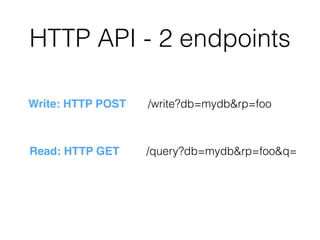 HTTP API - 2 endpoints
/write?db=mydb&rp=foo
/query?db=mydb&rp=foo&q=
Write: HTTP POST
Read: HTTP GET
 