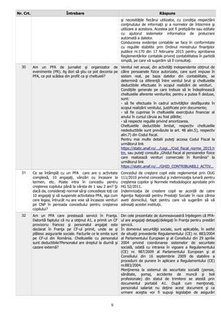 Nr. Crt. Întrebare Răspuns
şi necesităţile fiecărui utilizator, cu condiţia respectării
conţinutului de informaţii şi a normelor de întocmire şi
utilizare a acestora. Acestea pot fi pretipărite sau editate
cu ajutorul sistemelor informatice de prelucrare
automată a datelor.
Conducerea evidenţei contabile se face în conformitate
cu regulile stabilite prin Ordinul ministrului finanţelor
publice nr.170 din 17 februarie 2015 pentru aprobarea
Reglementărilor contabile privind contabilitatea în partidă
simplă, pe care vă sugerăm să îl consultaţi.
30 Am un PFA de jurnalist şi organizator de
evenimente (PR). Aş dori să ştiu ce pot deconta pe
PFA, ce pot scădea din profit ca şi cheltuieli?
Venitul net anual, din activităţi independente obținut de
către persoanele fizice autorizate, care sunt impuse în
sistem real, pe baza datelor din contabilitate, se
determină ca diferenţă între venitul brut şi cheltuielile
deductibile efectuate în scopul realizării de venituri.
Condiţiile generale pe care trebuie să le îndeplinească
cheltuielile aferente veniturilor, pentru a putea fi deduse,
sunt:
- să fie efectuate în cadrul activităţilor desfăşurate în
scopul realizării venitului, justificate prin documente;
- să fie cuprinse în cheltuielile exerciţiului financiar al
anului în cursul căruia au fost plătite;
- să respecte regulile privind amortizarea.
Cheltuielile deductibile limitat, respectiv cheltuielile
nedeductibile sunt prevăzute la art. 48 alin.5), respectiv
alin.7) din Codul fiscal.
Pentru mai multe detalii puteţi accesa Codul Fiscal la
următorul link
https://static.anaf.ro/.../Legi.../Cod_fiscal_norme_2015.h
tm, sau puteţi consulta „Ghidul fiscal al persoanelor fizice
care realizează venituri comerciale în România” la
următorul link
https://static.anaf.ro/.../GHID_CONTRIBUABILI_ACTIV...
31 Ce se întâmplă cu un PFA care are o activitate
complexă, 10 angajaţi, vânzări cu încasare la
termen, etc. Poate intra în concediu pentru
creşterea copilului până la vârsta de 1 sau 2 ani? Şi
dacă da, consideraţi normal să-şi concedieze toţi cei
10 angajaţi şi să suspende activitatea PFA, aşa cum
cere legea, întrucât nu are voie să încaseze venituri
pe CNP în perioada concediului pentru creşterea
copilului?
Concediul de creştere copil este reglementat prin OUG
111/2010 privind concediul şi indemnizaţia lunară pentru
creşterea copiilor şi Normele metodologice aprobate prin
HG 52/2011.
Indemnizaţia de crestere copil se acordă de catre
Agenţia Naţională pentru Prestaţii Sociale în raza căreia
aveti domiciliul, fapt pentru care vă sugerăm să vă
adresaţi acestei instituţii.
32 Am un PFA care prestează servicii în Franţa.
Datorită faptului că nu a obţinut A1, a primit un CF
provizoriu francez şi personalul angajat este
declarat în Franţa pe CF-ul primit, unde se şi
plătesc asigurarile sociale. Facturile ce le emite sunt
pe CF-ul din România. Cheltuielile cu personalul
sunt deductibile?Personalul are dreptul la diurnă şi
cazare externă?
Din cele prezentate de dumneavoastră înţelegem că PFA-
ul are angajaţi detaşaţi/delegaţi în Franţa pentru prestări
servicii.
În domeniul securităţii sociale, sunt aplicabile, în astfel
de situaţii prevederile Regulamentului (CE) nr. 883/2004
al Parlamentului European şi al Consiliului din 29 aprilie
2004 privind coordonarea sistemelor de securitate
socială, odată cu intrarea în vigoare a Regulamentului
(CE) nr. 987/2009 al Parlamentului European şi al
Consiliului din 16 septembrie 2009 de stabilire a
procedurii de punere în aplicare a Regulamentului (CE)
nr.883/2004.
Menţinerea la sistemul de securitate socială (pensie,
sănătate, şomaj, accidente de muncă şi boli
profesionale) din statul de trimitere se atestă prin
documentul portabil A1. După cum menţionaţi,
personalul salariat nu deţine acest document şi ca
urmare aceştia vor fi supuşi legislaţiei de asigurări
9
 