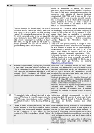 Nr. Crt. Întrebare Răspuns
Cererii de înregistrare în/ radiere din/ Registrul
operatorilor intracomunitari (095) odată cu înregistrarea
în scopuri de TVA pentru operaţiuni intracomunitare. De
asemenea, aveţi obligaţia să depuneţi Declaraţia
recapitulativă (390) VIES până la data de 25 a lunii
următoare celei în care aţi prestat serviciul respectiv.
Dar nu înţelegem la ce vă referiţi când menţionaţi că
pentru prestările de serviciu se emite o factură de
salariu, întrucât salariile nu se plătesc în baza unei
facturi, ci a unui contract de muncă.
Conform legislaţiei din Bulgaria aşa i s-a spus să
procedeze. Are un contract de prestări servicii iar
lunar emite o factură pentru serviciile prestate
(salariul). Am obligaţia să depun decont 300 lunar?
Am primit o amendă pentru că nu am depus 300
lunar. Contabilul a depus 300 trimestrial. Ulterior
plăţii amenzii s-a descoperit că nu trebuie să depun
300 deloc. Vă rog din suflet să mă ajutaţi cu
această problemă. Am facut mii de drumuri la
ghiseele ANAF şi tot nu am un răspuns .
Formularul 300 - Decont de taxă pe valoarea adăugată,
se completează de persoanele impozabile înregistrate în
scopuri de TVA conform art. 153 din Legea nr. 571/2003
privind Codul fiscal, cu modificările şi completările
ulterioare (astfel cum reiese din Instrucţiunile pentru
completarea a formularului – Ordinul preşedintelui
Agenţiei Naţionale de Administrare Fiscală nr.
1790/2012).
Astfel cum v-am precizat anterior, în situaţia în care o
persoană prestează servicii intracomunitare, are obligaţia
de a se înregistra în scopuri de TVA pentru operaţiuni
intracomunitare (conform art.1531 alin. (1) lit. b) din
Codul fiscal) înainte de prestarea serviciului si are
obligaţia depunerii Declaraţiei recapitulative (390) .
Informaţiile furnizate, nu sunt suficiente pentru a vă
clarifica situaţia si de aceea va sugerăm sa apelati la
asistenţa telefonică la numărul 031 403 91 60, sau cu
mai multe detalii pe formularul de asistenţă
https://www.anaf.ro/arondare/
34 Asocierile cu personalitate juridică (SPRL) constiuite
în baza OUG nr.86/2006 depun formularul 204?
Cum se completează 204 dacă SPRL-ul are filiale în
ţară, constituite prin asocierea SPRL-ului cu o altă
persoană fizică? Mentionam că SPRL-ul este
constituit prin asocierea unor persoane fizice.
Formularul 204 "Declarație anuală de venit pentru
asocierile fără personalitate juridică şi entități supuse
regimului transparenței fiscale" se completează şi se
depune pentru asocierile fără personalitate juridică,
constituite între persoane fizice pentru care venitul net
se determină în sistem real.
Declarația se depune de către asociatul desemnat prin
contract să răspundă pentru îndeplinirea obligațiilor
asocierii față de autoritățile publice, până la data de 15
martie a anului următor celui de raportare.
Originalul declaraţiei se depune la organul fiscal la care
asocierea este înregistrată în evidența fiscală.
Copia se păstrează la domiciliul fiscal al asocierii,
împreună cu celelalte documente privind activitatea
acesteia.
35 PFA apicultură. Soţia a rămas însărcinată şi soţul
care are PFA-ul vrea să intre el în creştere copil. Se
poate? Primeşte indemnizaţia de crestere copil? La
PFA plăteşte impozit pe norma de venit, sănătate şi
pensie.
Soluţionarea solicitării dumneavoastră nu intră în
competenţa ANAF. Vă sugerăm să vă adresaţi Direcţiei
Generale de Asistenţă Socială si Protecţia Copilului pe
raza căreia are domiciliul persoana care solicită
indemnizaţia.
36 Ca PFA la normă de venit (electrician), pot presta
această activitate în baza unui contract de prestări
de servicii către un beneficiar persoană impozabilă
din UE ? Mentionez că sunt plătitor de TVA,
înregistrat în VIES şi nu depăşesc 100.000 EUR pe
an.
Puteţi desfăşura activităţi economice în toate domeniile,
meseriile, ocupaţiile sau profesiile pe care legea nu le
interzice în mod expres pentru libera iniţiativă, cu
condiţia să fiţi autorizat pentru activitatea pe care vreţi
să o desfăşuraţi. Modalitatea de stabilire a impozitului pe
venit, pe baza normelor de venit sau în sistem real nu
are relevanţă.
Relaţiile contractuale sunt reglementate de către Codul
civil, ANAF neavând competenţă privind condiţiile de
încheiere a acestora.
11
 