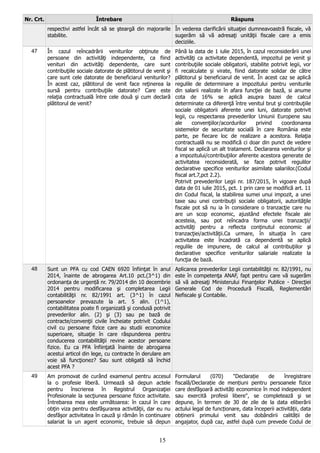 Nr. Crt. Întrebare Răspuns
respectivi astfel încât să se şteargă din majorarile
stabilite.
În vederea clarificării situaţiei dumneavoastră fiscale, vă
sugerăm să vă adresaţi unităţii fiscale care a emis
deciziile.
47 În cazul reîncadrării veniturilor obţinute de
persoane din activităţi independente, ca fiind
venituri din activităţi dependente, care sunt
contribuţiile sociale datorate de plătitorul de venit şi
care sunt cele datorate de beneficiarul veniturilor?
În acest caz, plătitorul de venit face reţinerea la
sursă pentru contribuţiile datorate? Care este
relaţia contractuală între cele două şi cum declară
plătitorul de venit?
Până la data de 1 iulie 2015, în cazul reconsiderării unei
activităţi ca activitate dependentă, impozitul pe venit şi
contribuţiile sociale obligatorii, stabilite potrivit legii, vor
fi recalculate și virate, fiind datorate solidar de către
plătitorul şi beneficiarul de venit. În acest caz se aplică
regulile de determinare a impozitului pentru veniturile
din salarii realizate în afara funcţiei de bază, si anume
cota de 16% se aplică asupra bazei de calcul
determinate ca diferenţă între venitul brut şi contribuţiile
sociale obligatorii aferente unei luni, datorate potrivit
legii, cu respectarea prevederilor Uniunii Europene sau
ale convenţiilor/acordurilor privind coordonarea
sistemelor de securitate socială în care România este
parte, pe fiecare loc de realizare a acestora. Relaţia
contractuală nu se modifică ci doar din punct de vedere
fiscal se aplică un alt tratament. Declararea veniturilor şi
a impozitului/contribuţiilor aferente acestora generate de
activitatea reconsiderată, se face potrivit regulilor
declarative specifice veniturilor asimilate salariilor.(Codul
fiscal art.7,pct 2.2).
Potrivit prevederilor Legii nr. 187/2015, în vigoare după
data de 01 iulie 2015, pct. 1 prin care se modifică art. 11
din Codul fiscal, la stabilirea sumei unui impozit, a unei
taxe sau unei contribuţii sociale obligatorii, autorităţile
fiscale pot să nu ia în considerare o tranzacţie care nu
are un scop economic, ajustând efectele fiscale ale
acesteia, sau pot reîncadra forma unei tranzacţii/
activităţi pentru a reflecta conţinutul economic al
tranzacţiei/activităţii.Ca urmare, în situaţia în care
activitatea este încadrată ca dependentă se aplică
regulile de impunere, de calcul al contribuţiilor şi
declarative specifice veniturilor salariale realizate la
funcţia de bază.
48 Sunt un PFA cu cod CAEN 6920 înfiinţat în anul
2014, înainte de abrogarea Art.10 pct.(3^1) din
ordonanța de urgență nr. 79/2014 din 10 decembrie
2014 pentru modificarea şi completarea Legii
contabilităţii nr. 82/1991 art. (3^1) în cazul
persoanelor prevazute la art. 5 alin. (1^1),
contabilitatea poate fi organizată şi condusă potrivit
prevederilor alin. (2) şi (3) sau pe bază de
contracte/convenţii civile încheiate potrivit Codului
civil cu persoane fizice care au studii economice
superioare, situaţie în care răspunderea pentru
conducerea contabilităţii revine acestor persoane
fizice. Eu ca PFA înfiinţată înainte de abrogarea
acestui articol din lege, cu contracte în derulare am
voie să funcţionez? Sau sunt obligată să închid
acest PFA ?
Aplicarea prevederilor Legii contabilităţii nr. 82/1991, nu
este în competenţa ANAF, fapt pentru care vă sugerăm
să vă adresaţi Ministerului Finanţelor Publice - Direcţiei
Generale Cod de Procedură Fiscală, Reglementări
Nefiscale şi Contabile.
49 Am promovat de curând examenul pentru accesul
la o profesie liberă. Urmează să depun actele
pentru înscrierea în Registrul Organizaţiei
Profesionale la secţiunea persoane fizice activitate.
Întrebarea mea este următoarea: în cazul în care
obţin viza pentru desfăşurarea activităţii, dar eu nu
desfăşor activitatea în cauză şi rămân în continuare
salariat la un agent economic, trebuie să depun
Formularul (070) "Declarație de înregistrare
fiscală/Declarație de mențiuni pentru persoanele fizice
care desfăşoară activități economice în mod independent
sau exercită profesii libere", se completează şi se
depune, în termen de 30 de zile de la data eliberării
actului legal de funcționare, data începerii activității, data
obținerii primului venit sau dobândirii calității de
angajator, după caz, astfel după cum prevede Codul de
15
 