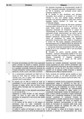Nr. Crt. Întrebare Răspuns
Din aspectele prezentate de dumneavoastră rezultă că
sunteti o persoană impozabilă, neînregistrată în scopuri
de TVA în România, care prestează servicii pentru
beneficiari stabiliţi în UE.
A. În situaţia în care beneficiarii sunt persoane
impozabile, locul prestării se consideră a fi în statul
membru în care sunt stabiliţi aceştia. Beneficiarii
serviciilor sunt persoane obligate la plata taxei conform
legislaţiei statului membru. În acest caz, aveţi
următoarele obligaţii:
1 - să vă înregistraţi în scopuri de TVA pentru operaţiuni
intracomunitare (conform art.153^1 alin. (1) lit. b) din
Codul fiscal) înainte de prestarea serviciului, prin
depunerea Declaraţiei de înregistrare în scopuri de
TVA/Declaraţie de menţiuni pentru alte persoane care
efectuează achiziţii intracomunitare sau pentru servicii
(091) şi să solicitaţi organului fiscal şi înscrierea în
Registrul operatorilor intracomunitari, prin depunerea
Cererii de înregistrare în/ radiere din Registrul
operatorilor intracomunitari (095) odată cu înregistrarea
în scopuri de TVA pentru operaţiuni intracomunitare.
Dumneavoastră VEŢI FI ÎNREGISTRATĂ ÎN SCOPURI DE
TVA DOAR PENTRU OPERAŢIUNI INTRACOMUNITARE.
2 - să depuneţi Declaraţia recapitulativă (390) VIES până
la data de 25 a lunii următoare celei în care aţi prestat
serviciul respectiv.
B. Precizăm că, pentru serviciile prestate către
beneficiari - persoane neimpozabile stabilite în UE, locul
prestării serviciilor este considerat în România, neavând
obligaţia înregistrării în Registrul operatorilor
intracomunitari şi nici în scopuri de TVA pentru
operaţiuni intracomunitare.
10 Pe durata cât activitatea unei PFA a fost suspendată
pentru concediu de îngrijire a copilului, persoana
fizică respectivă a obţinut venituri din dividende de
la o societate comercială. Reprezintă veniturile din
investitii (dividende) "venituri supuse impozitului" in
sensul art. 16 alin. (2) lit. i) din OUG 111/2010?
Veniturile din investiţii (dividende) reprezintă venituri
supuse impozitului pe venit, conform prevederilor Legii
nr.571/2003 privind Codul fiscal, dar pentru încadrarea în
conditiile art. 16 alin. (2) lit. i) din OUG 111/2010 vă
sugerăm să vă adresaţi unităţii teritoriale a Agenţiei
Naţionale pentru Plăţi şi Inspecţie Socială.
11 Am o intreprindere individuală cod CAEN 0111 cu
normă de venit. Dacă am venituri mai mari de
100.000 euro, trec la sistem real? Veniturile din
subvenţii intră în acest plafon?
Pentru veniturile din activităţi agricole stabilite pe baza
normelor de venit, nu se aplică prevederile privind
plafonul de 100.000 euro pentru trecerea la sistem real.
12 În prezent am un PFA la normă de venit pe
consultanţă IT şi am două contacte cu firme din
Norvegia şi Anglia, pentru care tai facturi lunar.
Factura pentru Norvegia este net superioară celei
din Anglia.
În contractele mele nu este stipulată exclusivitatea
cu nici una din firme.
Deplasarea la sediul firmelor nu este necesară,
având un birou în ţară unde îmi desfăşor
activitatea, iar programul în care lucrez este stabilit
de mine.
Întrebările mele :
1) Ce trebuie să fac pentru a mă asigura că
activitatea mea nu este considerată ca
dependentă? Mă interesează nişte paşi clari, pe
care îi pot urma.
2) Având în vedere că Norvegia nu este în UE,
activitatea pe care o am cu firma de acolo poate să
1. Referitor la criteriile privind considerarea activităţii ca
independentă, Legea nr. 187/2015 nu face nici o
distincţie între activitatea desfăşurată pentru beneficiari
din România sau din străinătate. Ca urmare, în opinia
noastră, activitatea desfăşurată de dumneavoastră
pentru firme din Norvegia şi Anglia, pentru a fi
considerată independentă, trebuie să îndeplinească cel
puţin 4 dintre criteriile enumerate în legea menţionată.
Criteriile pot fi considerate îndeplinite în urma analizei
clauzelor prevăzute în contractul încheiat de
dumneavoastră cu firmele respective cât și a modului de
desfășurare a activității. De aceea vă sugerăm să
transmiteţi solicitarea dumneavoastră cu mai multe
detalii pe formularul de asistenţă astfel încât, după
consultarea direcţiei de legislaţie din MFP, să vă
formulăm un răspuns complet.
2. Din discuţiile cu colegii de la Brașov, aceştia au
confirmat o discutie cu dumneavoastră, dar ne-au
3
 