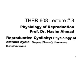 THER 608 Lecture # 8
Physiology of Reproduction
Prof. Dr. Nasim Ahmad
Reproductive Cyclicity: Physiology of
estrous cycle: Stages, (Phases), Hormones,
Menstrual cycle
1
 