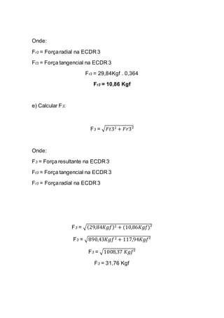 Onde: 
Fr3 = Força radial na ECDR 3 
Ft3 = Força tangencial na ECDR 3 
Fr3 = 29,84Kgf . 0,364 
Fr3 = 10,86 Kgf 
e) Calcular F3: 
F3 = √퐹푡32+퐹푟3² 
Onde: 
F3 = Força resultante na ECDR 3 
Ft3 = Força tangencial na ECDR 3 
Fr3 = Força radial na ECDR 3 
F3 = √(29,84퐾푔푓)2+(10,86퐾푔푓)² 
F3 = √890,43퐾푔푓2+117,94퐾푔푓² 
F3 = √1008,37 퐾푔푓² 
F3 = 31,76 Kgf 
 