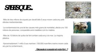 SABIESQUE...
·Més de tres milions de xiquets per davall dels 5 anys moren cada any pels
efectes mediambientals.
·La contaminació és una de les causes més grans de mortalitat, afecta uns 100
milions de persones, comparable amb malalties com la malària.
·Més de 10 bilions de quilos de fem arriben cada any a la mar. La majoria
plàstics.
·Aproximadament 1 milió d´aus marines i 100.000 mamífers marins moren cada
any per la contaminació.
Quèpassariasinorespectemelmediambient…?
 