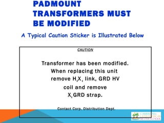 PADMOUNT
TRANSFORMERS MUST
BE MODIFIED
CAUTION
Transformer has been modified.
When replacing this unit
remove HoX o link, GRD HV
coil and remove
Xo GRD strap.
Contact Corp. Distribution Dept.
A Typical Caution Sticker is Illustrated Below
 