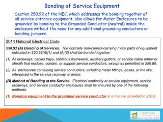 Bonding of Service Equipment
Section 250.92 of the NEC, which addresses the bonding together of
all service entrance equipment, also allows for Meter Enclosures to be
grounded by bonding to the Grounded Conductor (neutral) inside the
enclosure without the need for any additional grounding conductors or
bonding jumpers.
2014 National Electrical Code
250.92 (A) Bonding of Services. The normally non-current-carrying metal parts of equipment
indicated in 250.92(A)(1) and (A)(2) shall be bonded together.
(1) All raceways, cables trays, cablebus framework, auxiliary gutters, or service cable armor or
sheath that enclose, contain, or support service conductors, except as permitted in 250.80.
(2) All enclosures containing service conductors, including meter fittings, boxes, or the like,
interposed in the service raceway or armor.
(B) Method of Bonding at the Service. Electrical continuity at service equipment, service
raceways, and service conductor enclosures shall be ensured by one of the following
methods:
(1) Bonding equipment to the grounded service conductor in a manner provided in 250.8
 