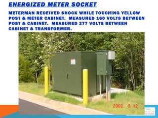 ENERGIZED METER SOCKET
METERMAN RECEIVED SHOCK WHILE TOUCHING YELLOW
POST & METER CABINET. MEASURED 160 VOLTS BETWEEN
POST & CABINET. MEASURED 277 VOLTS BETWEEN
CABINET & TRANSFORMER.
 