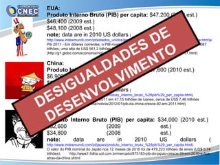 EUA:
 Produto Interno Bruto (PIB) per capita: $47,200 (2010 est.)
 $46,400 (2009 est.)
 $48,100 (2008 est.)

               D E
 note: data are in 2010 US dollars (
 http://www.indexmundi.com/pt/estados_unidos/produto_interno_bruto_%28pib%29_per_capita.html)e



             ES TO
 Pib 2011 - Em dólares correntes, o PIB mostrou crescimento de 3,9% em 2011, para US$ 15,087
 trilhões, uma alta de US$ 561,2 bilhões frente ao ano anterior.


            D N
 (http://g1.globo.com/economia/noticia/2012/01/pib-dos-eua-fecha-2011-com-alta-de-17.html)


           A E
        LD IM
 China:
 Produto Interno Bruto (PIB) per capita: $7,600 (2010 est.)

      UA LV
 $6,900 (2009 est.)

    IG V O
 $6,400 (2008 est.)

  S N
 note: data are in 2010 US dollars (

 E E
 http://www.indexmundi.com/pt/china/produto_interno_bruto_%28pib%29_per_capita.html)


D S
 Pib 2011 - O PIB chinês fechou 2011 em 47,15 trilhões de iuanes, cerca de US$ 7,46 trilhões
 (http://g1.globo.com/economia/noticia/2012/01/pib-da-china-cresce-92-em-2011.html)



 D E
 Japão:
 Produto Interno Bruto (PIB) per capita: $34,000 (2010 est.)
 $32,600              (2009               est.)
 $34,800              (2008               est.)
 note:    data    are     in    2010      US     dollars     (
 http://www.indexmundi.com/pt/japao/produto_interno_bruto_%28pib%29_per_capita.html)
 O valor do PIB nominal do Japão nos 12 meses de 2010 foi de 479,223 trilhões de ienes (US$ 5,74
 trilhões).    http://www1.folha.uol.com.br/mercado/875183-pib-do-japao-cresce-39-em-2010-e-fica-
 atras-da-china.shtml
 