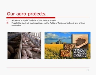Our agro-projects.
5
 Appraisal score of nucleus in the livestock farm.
 Feasibility study of business ideas in the fields of food, agricultural and animal
industries.
 