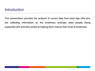 Introduction
This presentation provides the analysis of current data from local Age UKs who
are collecting information on the loneliness amongst older people being
supported with activities aimed at helping them reduce their level of loneliness.
 