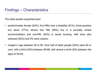 Findings – Characteristics
The older people supported were:
• predominately female (64%); four-fifths had a disability (81%); three-quarters
live alone (77%); almost four fifth (56%) live in a privately rented
accommodation and one-fifth (22%) in social housing. Half were also
widowed (52%) and 5% were careers.
• ranged in age between 50 to 95. Over half of older people (55%) were 80 or
over, with a third (34%) between 80-89; with almost a tenth (8%) between the
ages of 50-59.
 