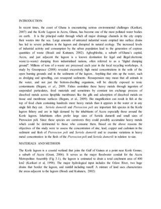 INTRODUCTION
In recent times, the coast of Ghana is encountering serious environmental challenges (Karikari,
2007) and the Korle Lagoon in Accra, Ghana, has become one of the most polluted water bodies
on earth. It is the principal outlet through which all major drainage channels in the city empty
their wastes into the sea. Large amounts of untreated industrial waste emptied into surface drains
has led to severe pollution in the lagoon and disrupted its natural ecology. The increased levels
of industrial activity and consumption by the urban population lead to the generation of copious
quantities of waste (Boadi and Kuitunen, 2002). Agbogbloshie, a suburb of Ghana’s capital,
Accra, and just adjacent the lagoon is a known destination for legal and illegal electronic
waste (e-waste) dumping from industrialized nations, often referred to as a "digital dumping
ground". Millions of tons of e-waste are processed each year in the local recycling workshops. A
study by Greenpeace (2008) revealed excessively high metal concentrations in the soils of the
open burning grounds and in the sediments of the lagoon.. Anything that stirs up the water, such
as dredging and upwelling, can resuspend sediments. Resuspension may mean that all animals in
the water, and not just the bottom-dwelling organisms, will be directly exposed to toxic
contaminants (Begum, et al., 2009. Fishes assimilate these heavy metals through ingestion of
suspended particulates, food materials and sometimes by constant ion exchange process of
dissolved metals across lipophilic membranes like the gills and adsorption of dissolved metals on
tissue and membrane surfaces (Begum, et al., 2009). Bio magnification can result in fish at the
top of food chain containing hundreds more heavy metals than it appears in the water or in any
single fish they eat. Seriola dumerili and Pteroscion peli are important fish species in the Korle
lagoon fishery and are in high demand by the inhabitants of Accra especially those around the
Korle lagoon. Inhabitants often prefer large sizes of Seriola dumerili and small sizes of
Pteroscion peli. Since these species are carnivores they could possibly accumulate heavy metals
which could be detrimental to those who consume them. Based on the above reasons the
objectives of this study were to assess the concentration of zinc, lead, copper and cadmium in the
sediment and flesh of Pteroscion peli and Seriola dumerili and to examine variations in heavy
metal concentration in the flesh of the Pteroscion peli and Seriola dumerili in relation to size.
MATERIALS AND METHODS
The Korle lagoon is a coastal wetland that joins the Gulf of Guinea at a point near Korle Gonno;
a suburb of Accra (Grant, 2006). It serves as the major floodwater conduit for the Accra
Metropolitan Assembly (Fig 3.1), the lagoon is estimated to drain a total catchment area of 400
km2 (Karikari et al, 1998). The major hydrological input includes the Odaw River, two huge
drains that border the lagoon, and rainfall including runoff. A mixture of land uses characterizes
the areas adjacent to the lagoon (Boadi and Kuitunen, 2002)
 