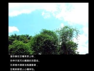 當你躺在空曠草原上時， 你伸手就可以觸摸的到雲朵、 花草樹木隨著涼風擺動著， 空氣新鮮使人心曠神怡。 