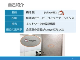 自己紹介
3
名前 横地 晃 @akira6592
所属 株式会社エーピーコミュニケーションズ
担当 ネットワークの設計構築
最近の出来事 会議室の名前が Kingyo になった
 