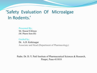 ‘Safety Evaluation Of Microalgae
In Rodents.’
Presented By;
Mr. Sharad D.Khune
(M. Pharm Sem-III)
Guided by;
Dr. A.D. Kshirsagar
Associate and Head (Department of Pharmacology)
Padm. Dr. D. Y. Patil Institute of Pharmaceutical Sciences & Research,
Pimpri, Pune-411018
 