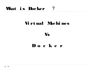 What is Docker ？
Virtual Machines
Vs
D o c k e r
14
 