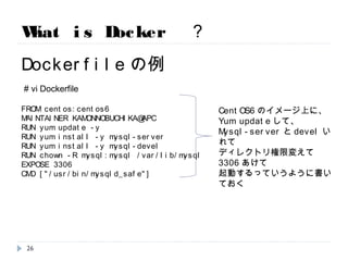 What is Docker ？
Dockerfileの例
FROM centos:centos6
MAINTAINER KAMONNOBUCHIKA@APC
RUN yum update -y
RUN yum install -y mysql-server
RUN yum install -y mysql-devel
RUN chown -R mysql:mysql /var/lib/mysql
EXPOSE 3306
CMD ["/usr/bin/mysqld_safe"]
# vi Dockerfile
CentOS6のイメージ上に、
Yum updateして、
Mysql-serverとdevelいれて
ディレクトリ権限変えて
3306あけて
起動するっていうように書いておく
26
 