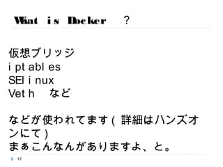 What is Docker ？
仮想ブリッジ
iptables
SElinux
Veth など
などが使われてます(詳細はハンズオンにて)
まぁこんなんがありますよ、と。
43
 