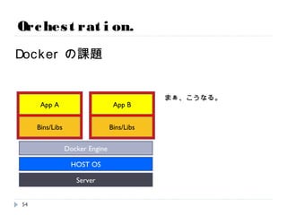 Orchestration.
Dockerの課題
Server
HOST OS
Docker Engine
Bins/Libs
App A
Bins/Libs
App B
まぁ、こうなる。
54
 
