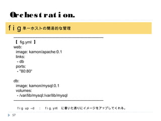 Orchestration.
fig
-------------------------------------------------------------------
【 fig.yml 】
web:
image: kamon/apache:0.1
links:
- db
ports:
- "80:80“
db:
image: kamon/mysql:0.1
volumes:
- /var/lib/mysql:/var/lib/mysql
-------------------------------------------------------------------
fig up –d ： fig.yml に書いた通りにイメージをアップしてくれる。
単一ホストの簡易的な管理
57
 